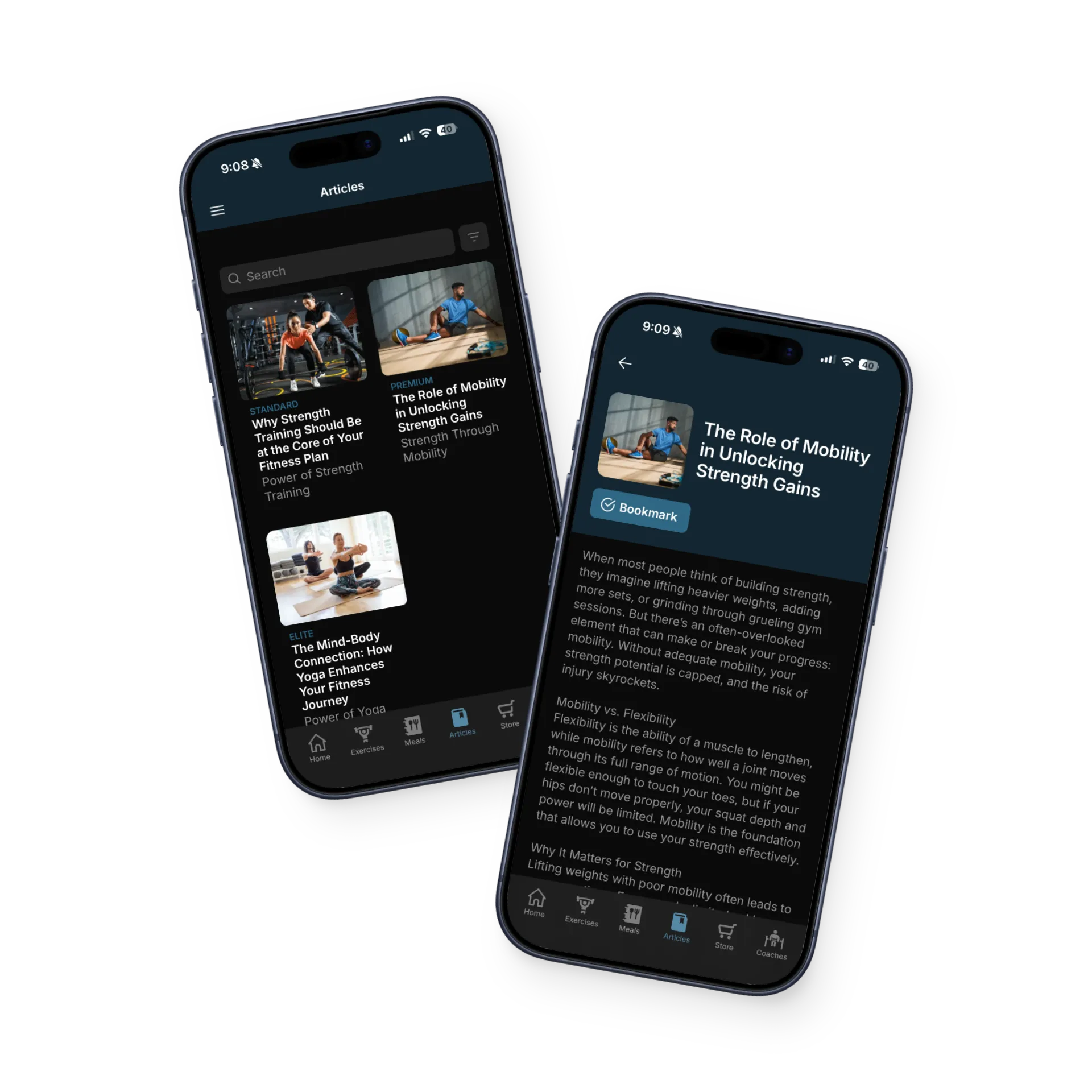LGF App articles library and an article detail screen about mobility and strength.