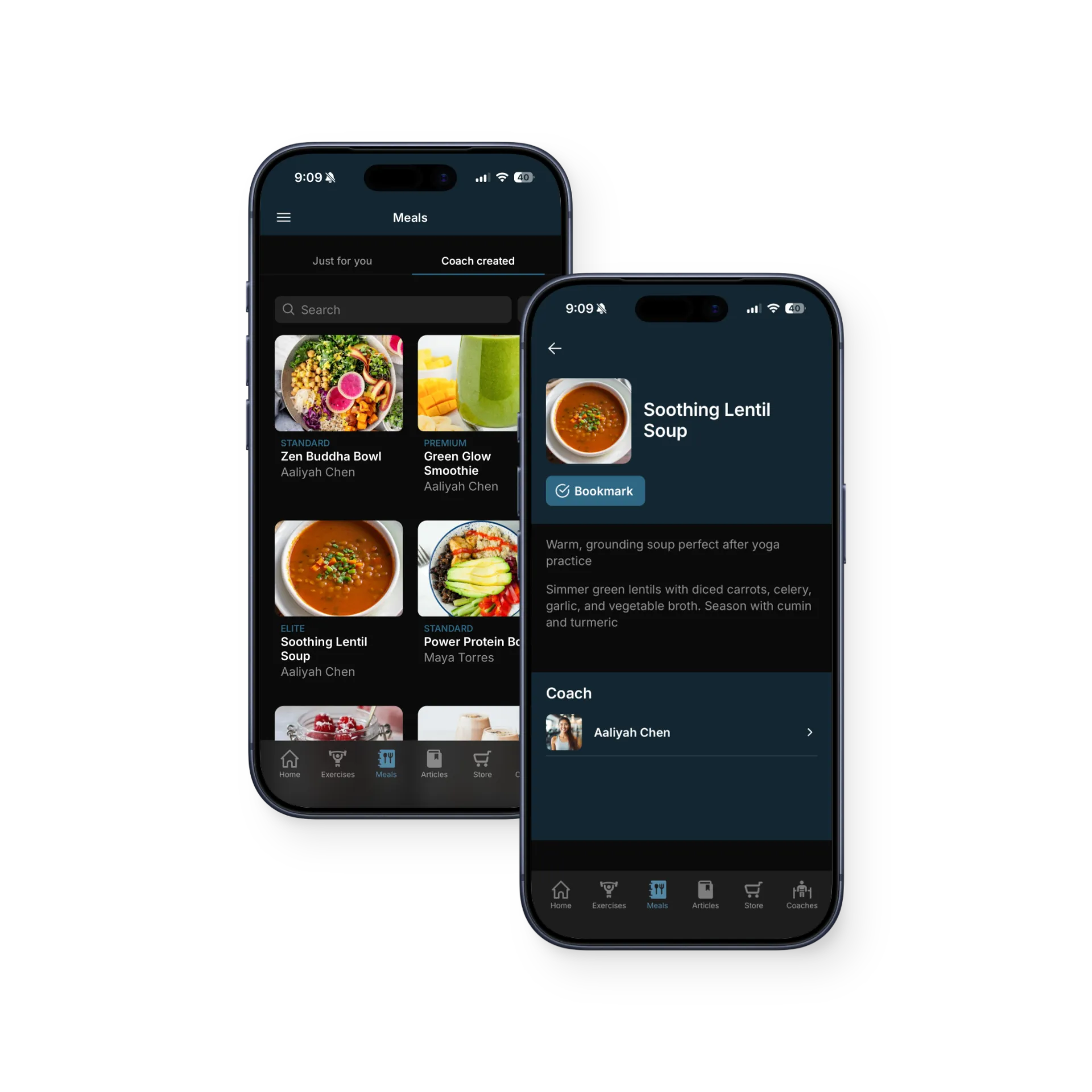 LGF App meals library and a recipe detail screen for Soothing Lentil Soup.