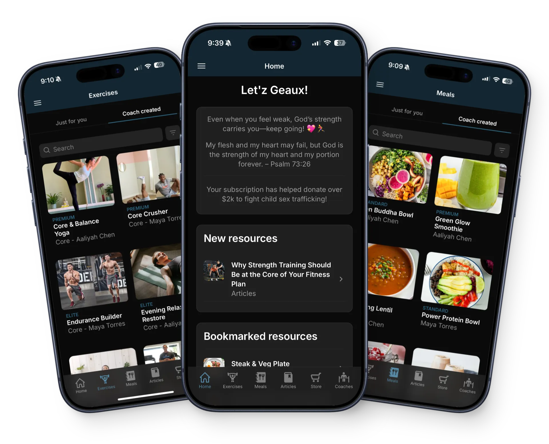 The LGF App shown on three phones: a home screen with a daily scripture and giving tracker, an exercises library, and a meals library.